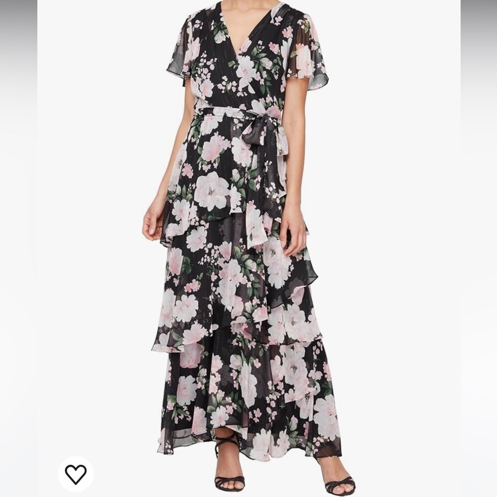 Long Flower Maxi with Surplice Neckline Tie belt and Tiered Skirt